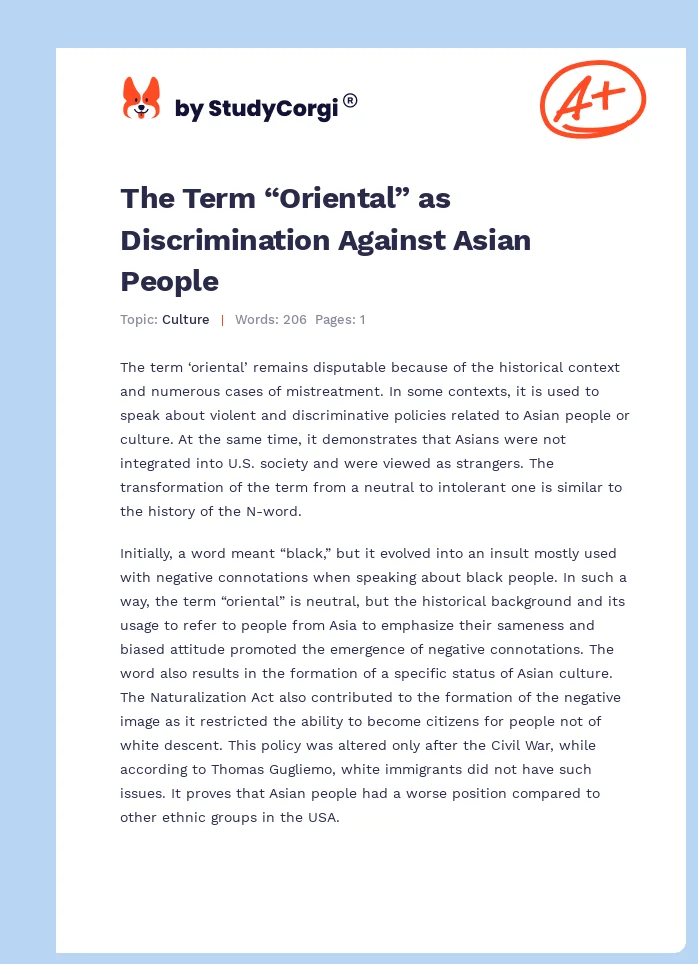 The Term “Oriental” as Discrimination Against Asian People. Page 1