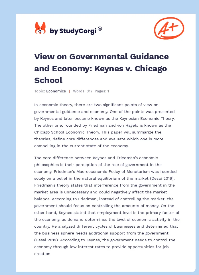 View on Governmental Guidance and Economy: Keynes v. Chicago School. Page 1