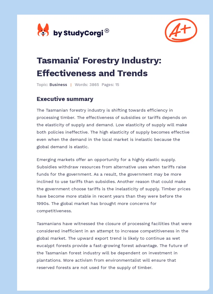 Tasmania' Forestry Industry: Effectiveness and Trends. Page 1