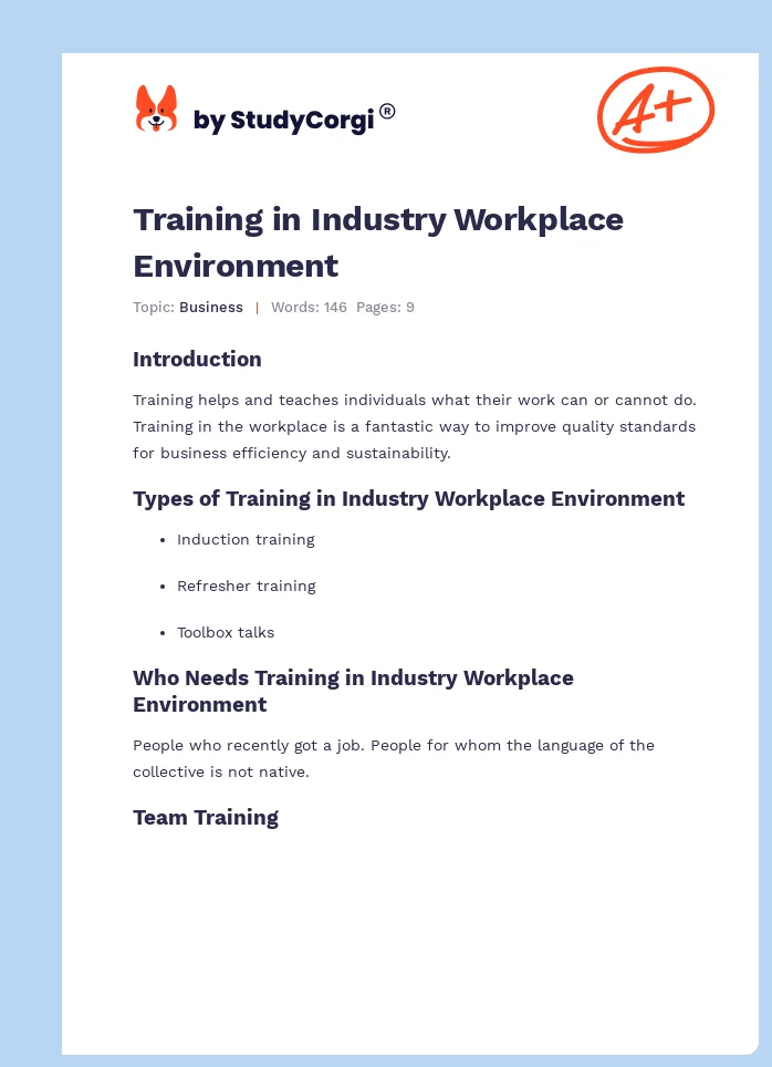 Training in Industry Workplace Environment. Page 1