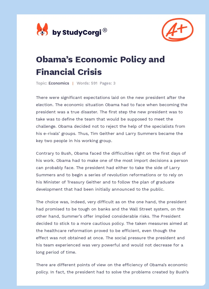 Obama’s Economic Policy and Financial Crisis. Page 1