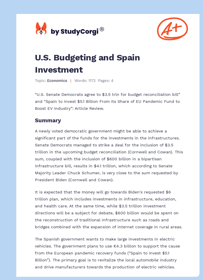U.S. Budgeting and Spain Investment. Page 1