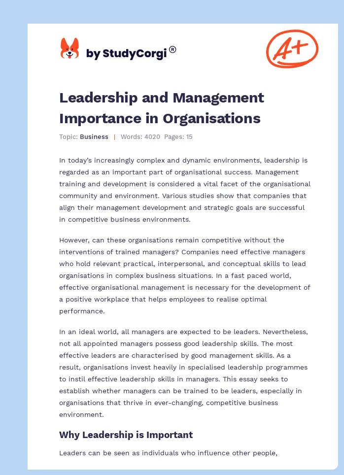 Leadership and Management Importance in Organisations. Page 1
