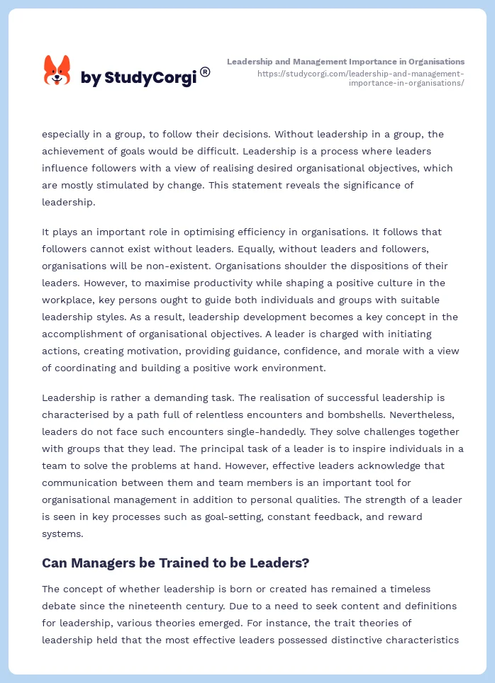 Leadership and Management Importance in Organisations. Page 2