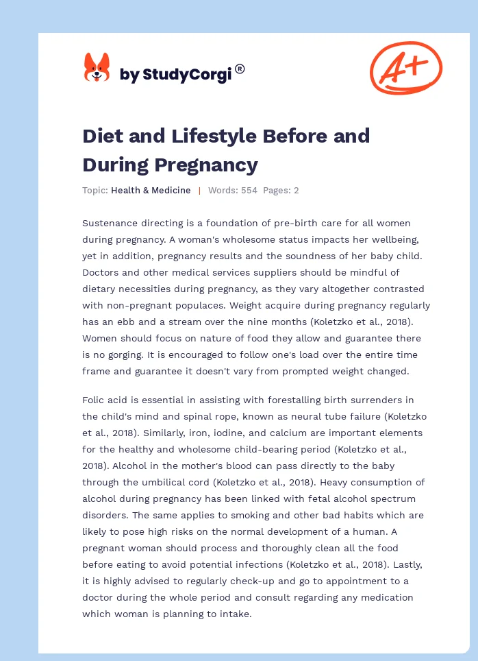 Diet and Lifestyle Before and During Pregnancy. Page 1