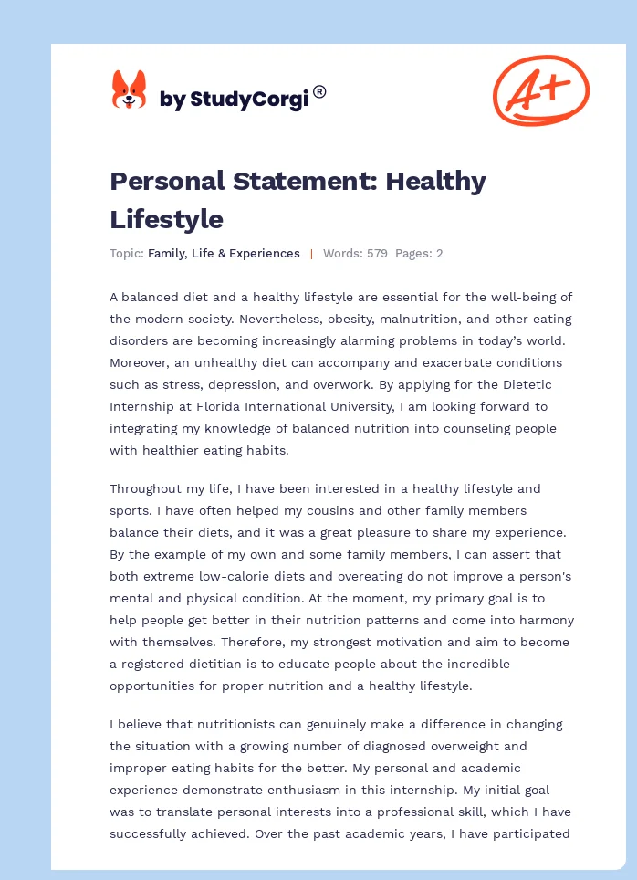 Personal Statement: Healthy Lifestyle. Page 1