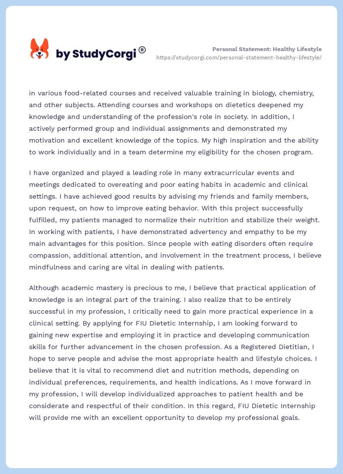 Personal Statement: Healthy Lifestyle. Page 2