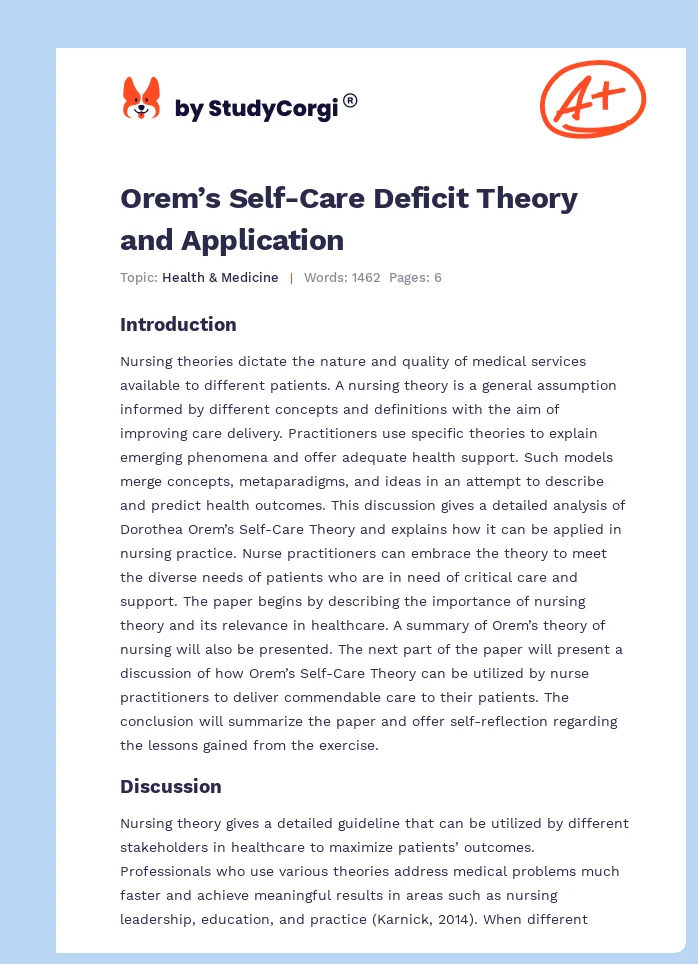 Orem’s Self-Care Deficit Theory and Application. Page 1