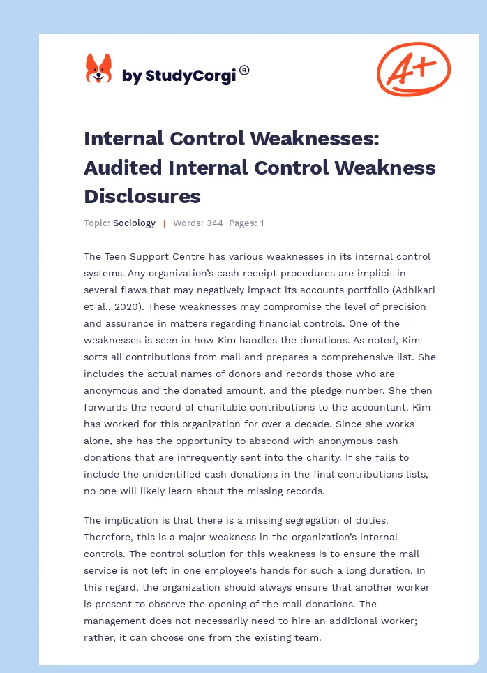 Internal Control Weaknesses: Audited Internal Control Weakness Disclosures. Page 1
