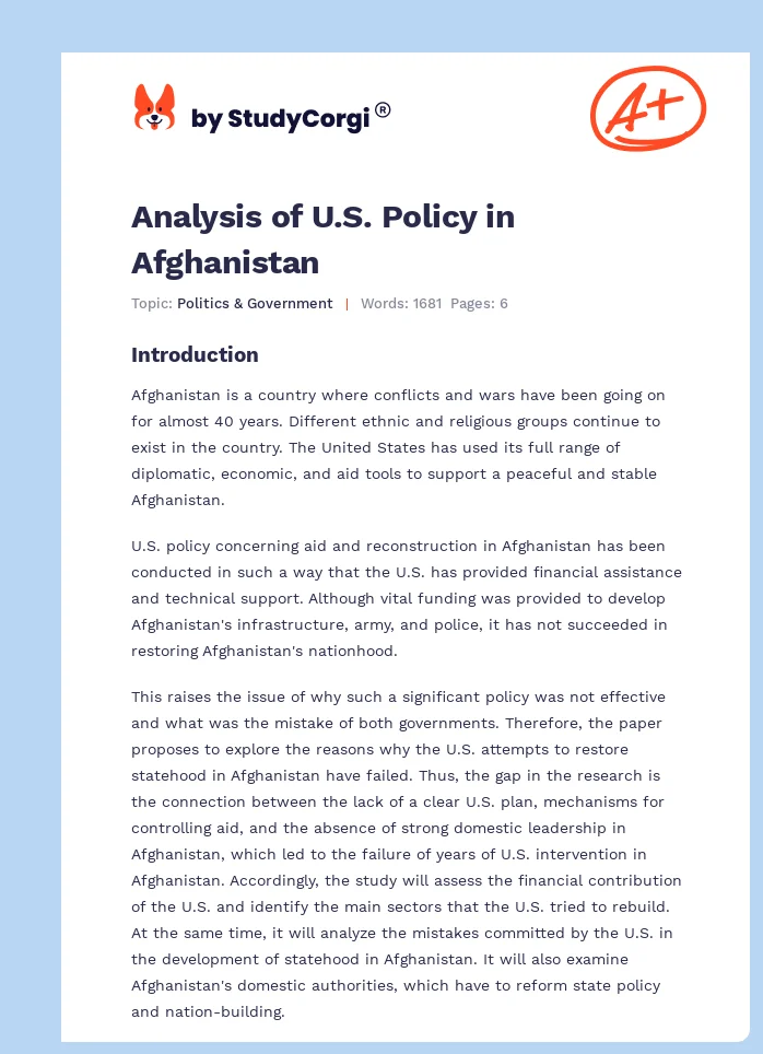 Analysis of U.S. Policy in Afghanistan. Page 1