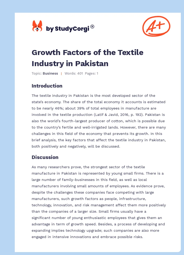 Growth Factors of the Textile Industry in Pakistan. Page 1