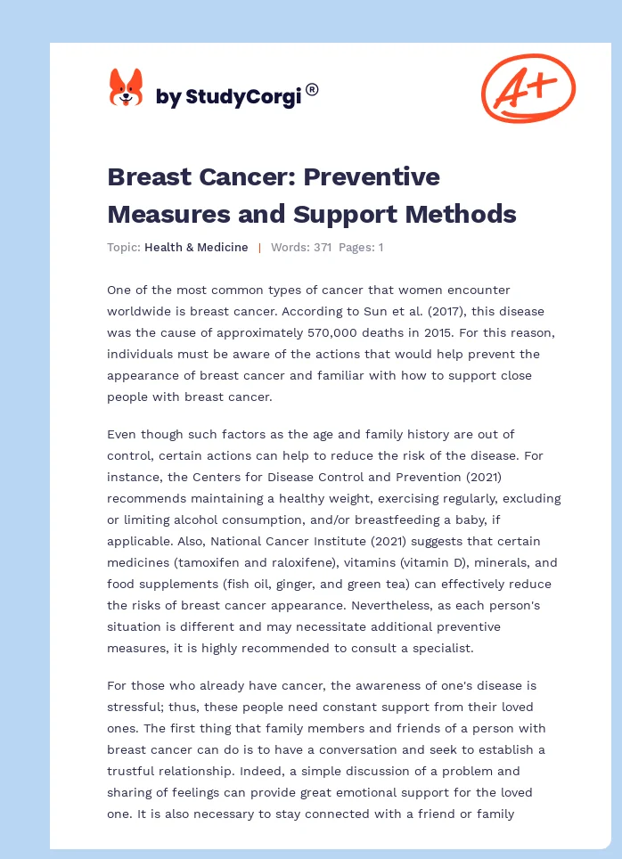 Breast Cancer: Preventive Measures and Support Methods. Page 1