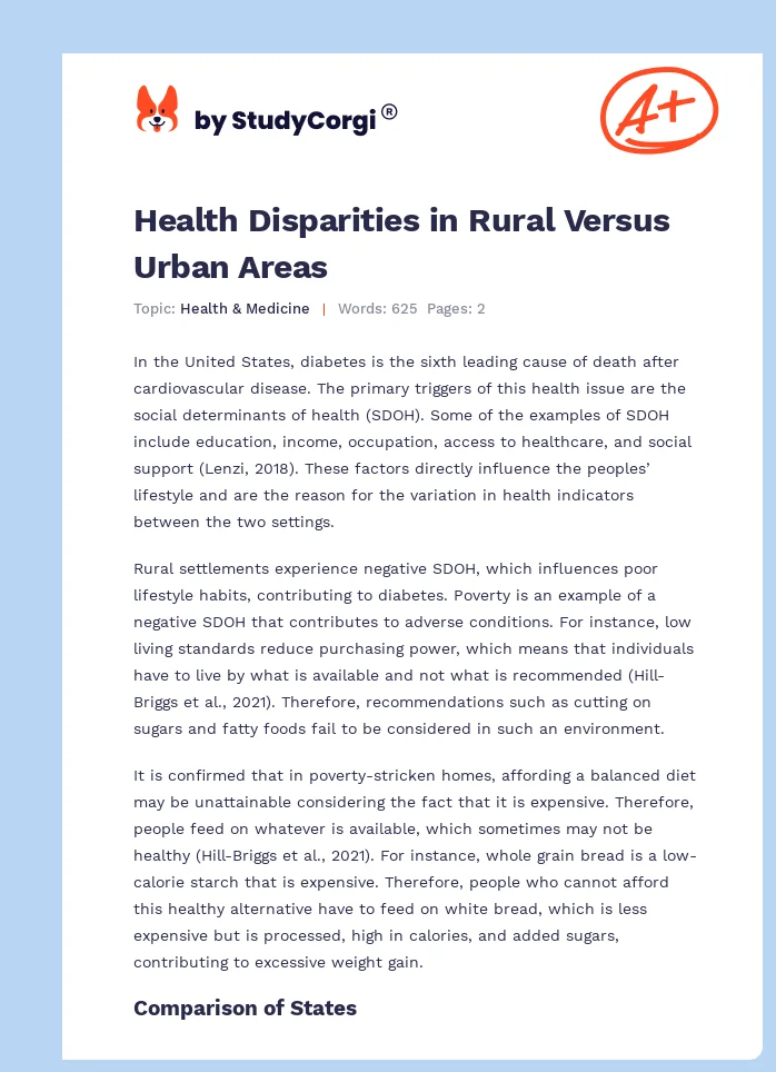 Health Disparities in Rural Versus Urban Areas. Page 1