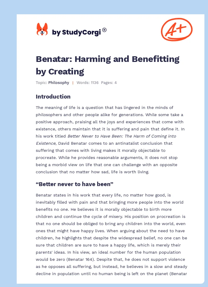 Benatar: Harming and Benefitting by Creating. Page 1