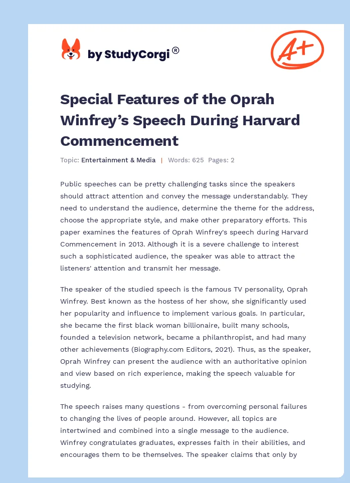 Special Features of the Oprah Winfrey’s Speech During Harvard Commencement. Page 1