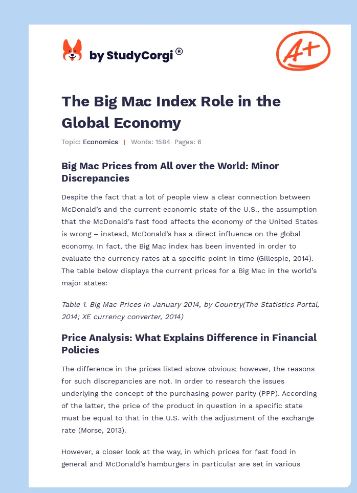 The Big Mac Index Role in the Global Economy. Page 1
