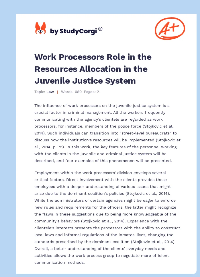 Work Processors Role in the Resources Allocation in the Juvenile Justice System. Page 1