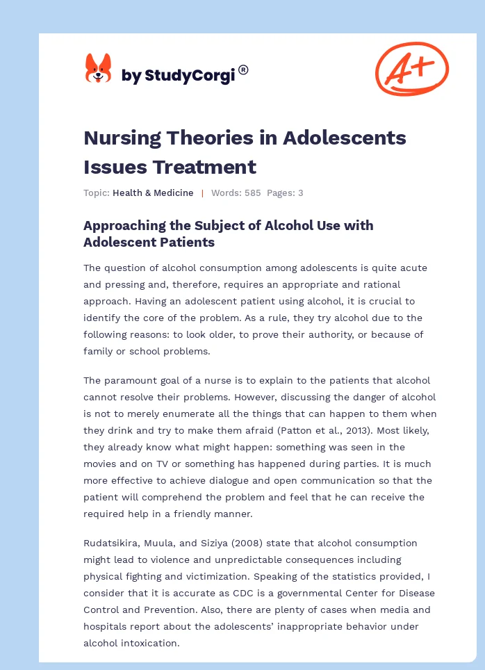 Nursing Theories in Adolescents Issues Treatment. Page 1