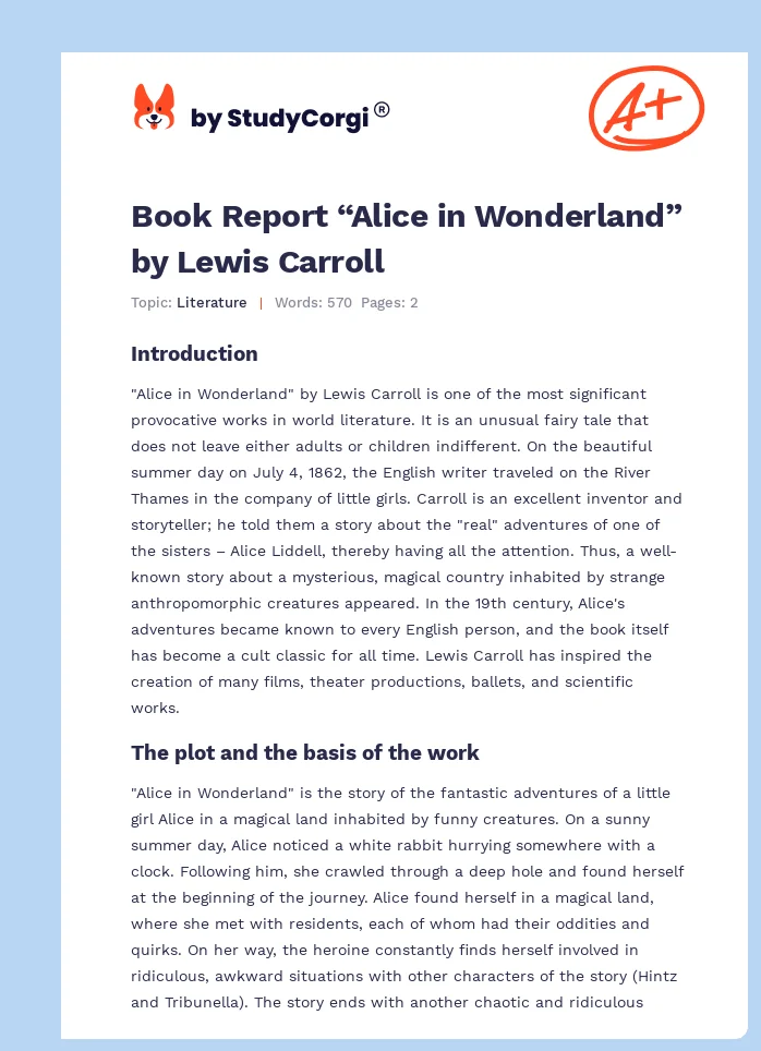 Book Report “Alice in Wonderland” by Lewis Carroll. Page 1