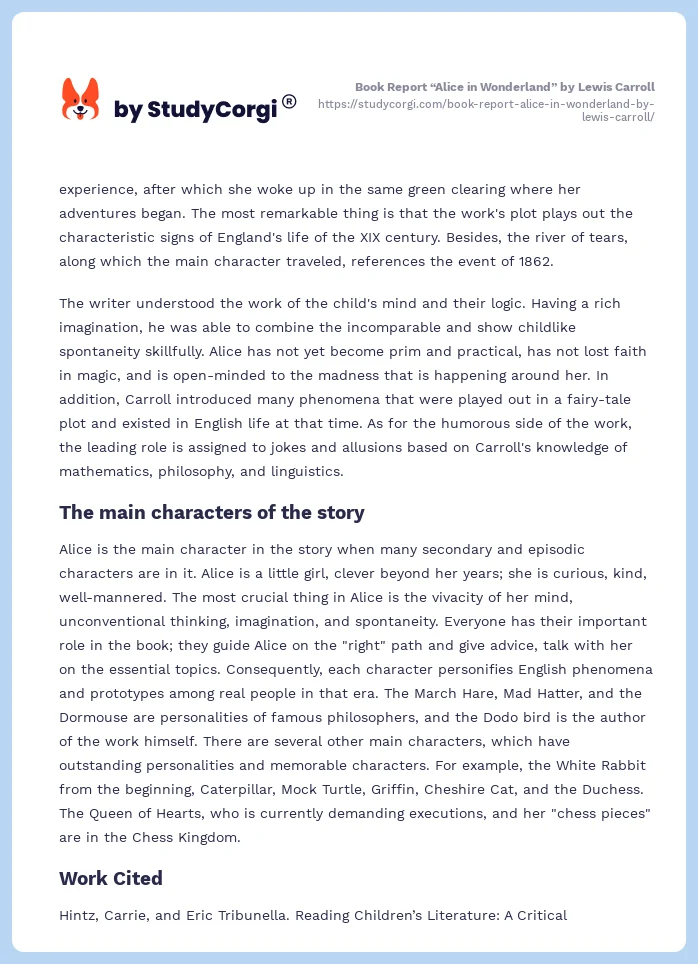 Book Report “Alice in Wonderland” by Lewis Carroll. Page 2