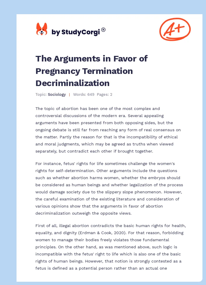 The Arguments in Favor of Pregnancy Termination Decriminalization. Page 1