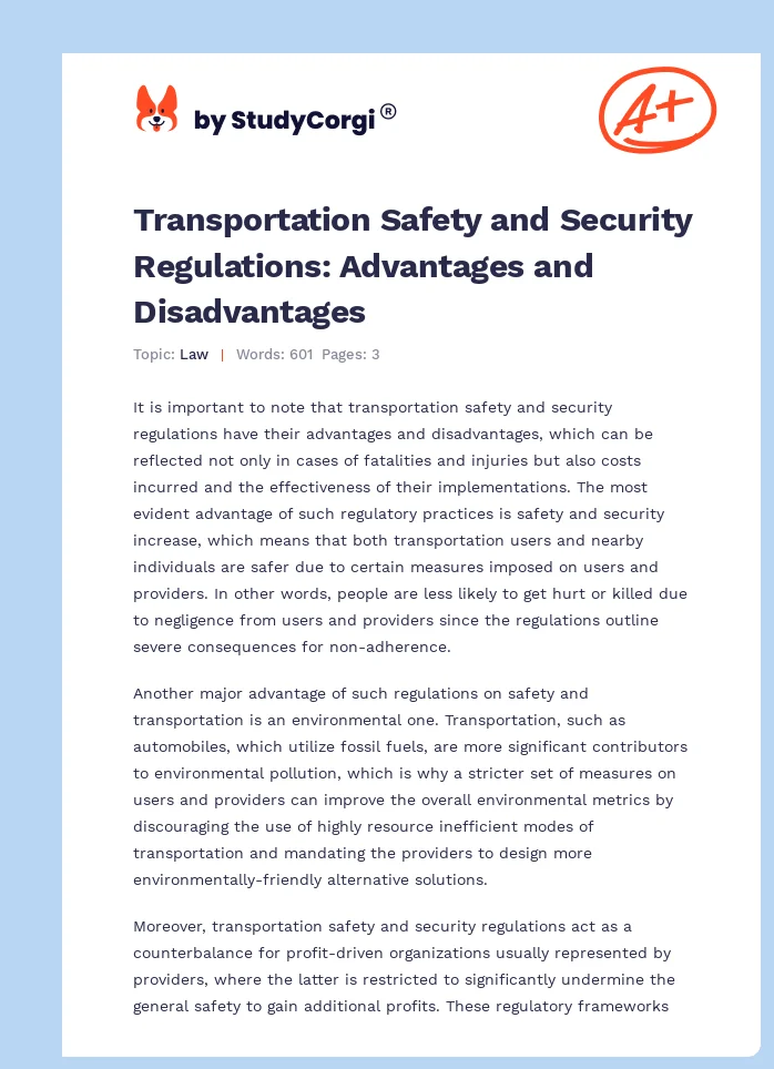 Transportation Safety and Security Regulations: Advantages and Disadvantages. Page 1