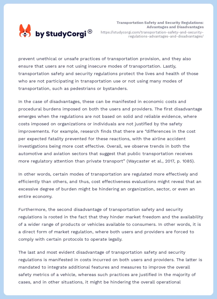 Transportation Safety and Security Regulations: Advantages and Disadvantages. Page 2