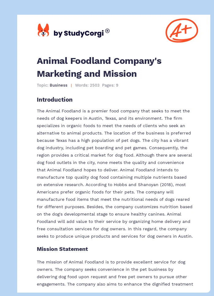 Animal Foodland Company's Marketing and Mission. Page 1