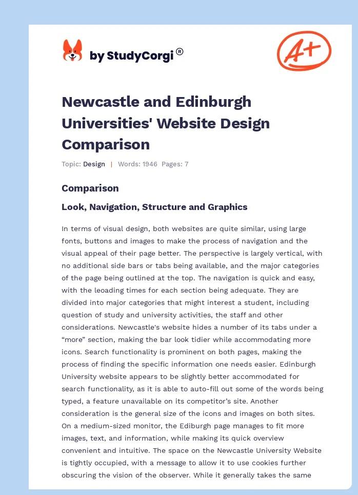 Newcastle and Edinburgh Universities' Website Design Comparison. Page 1