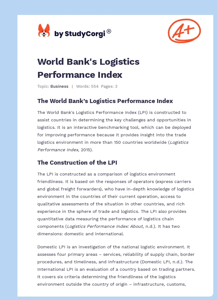 World Bank's Logistics Performance Index. Page 1