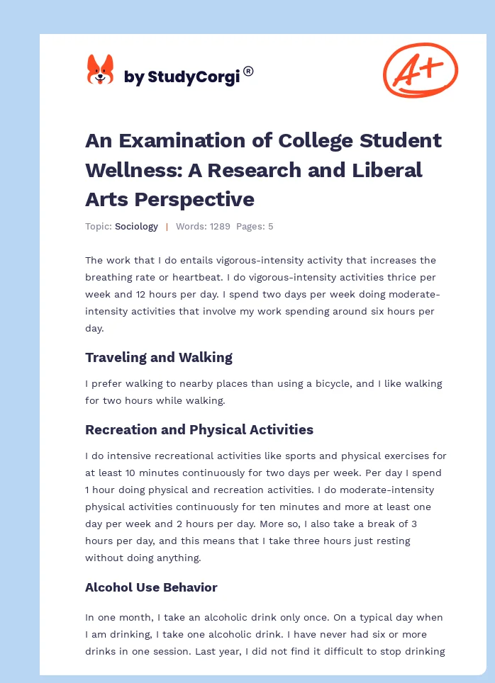 An Examination of College Student Wellness: A Research and Liberal Arts Perspective. Page 1