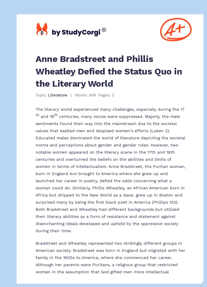 Anne Bradstreet and Phillis Wheatley Defied the Status Quo in the Literary World. Page 1