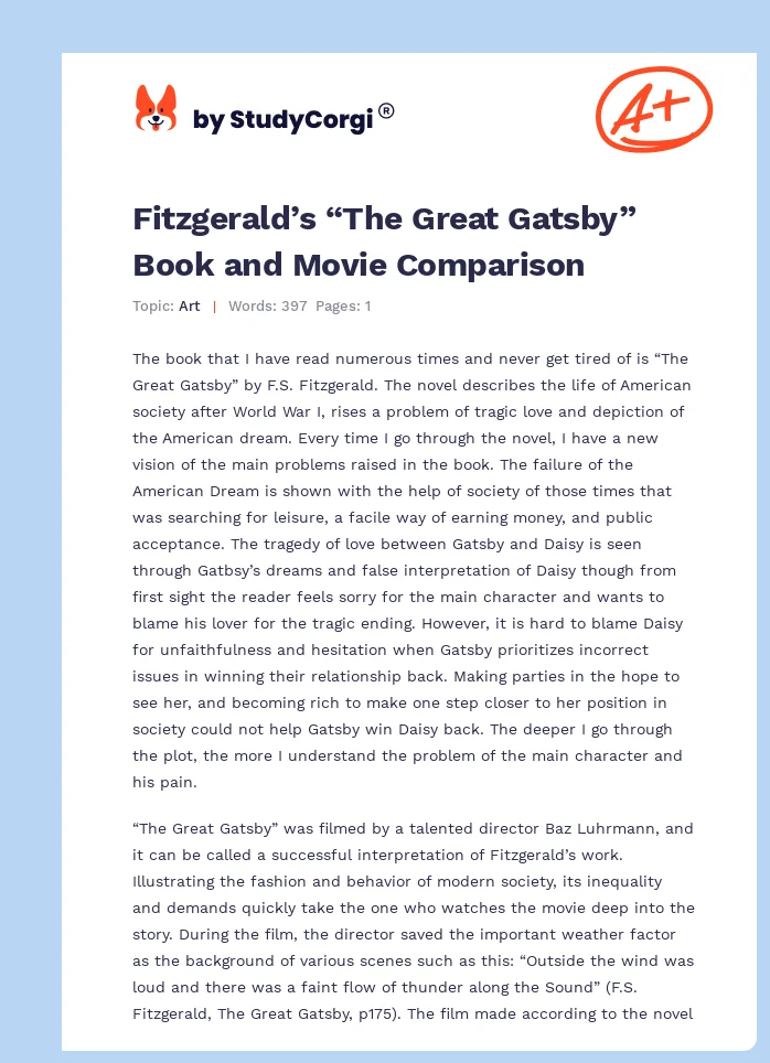 Fitzgerald’s “The Great Gatsby” Book and Movie Comparison. Page 1