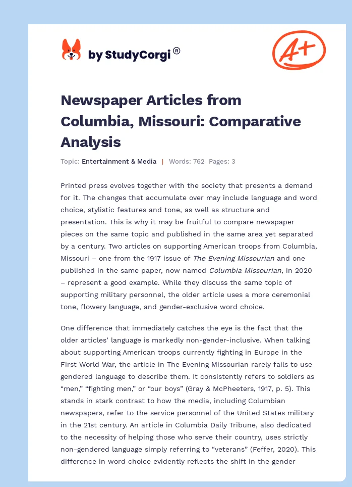 Newspaper Articles from Columbia, Missouri: Comparative Analysis. Page 1