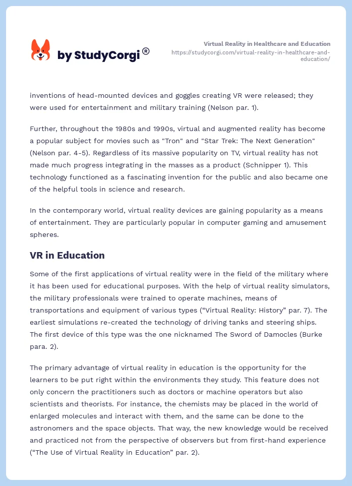 Virtual Reality in Healthcare and Education. Page 2