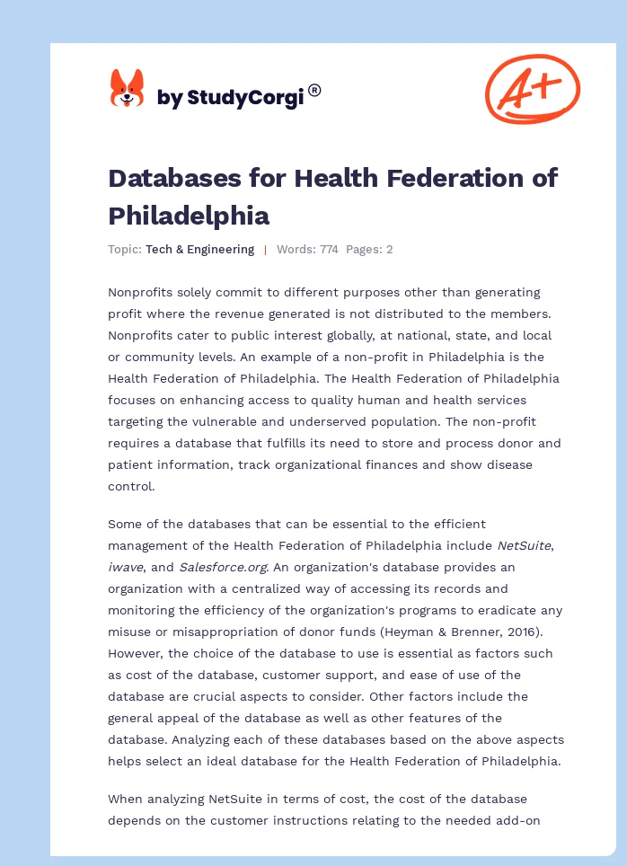 Databases for Health Federation of Philadelphia. Page 1
