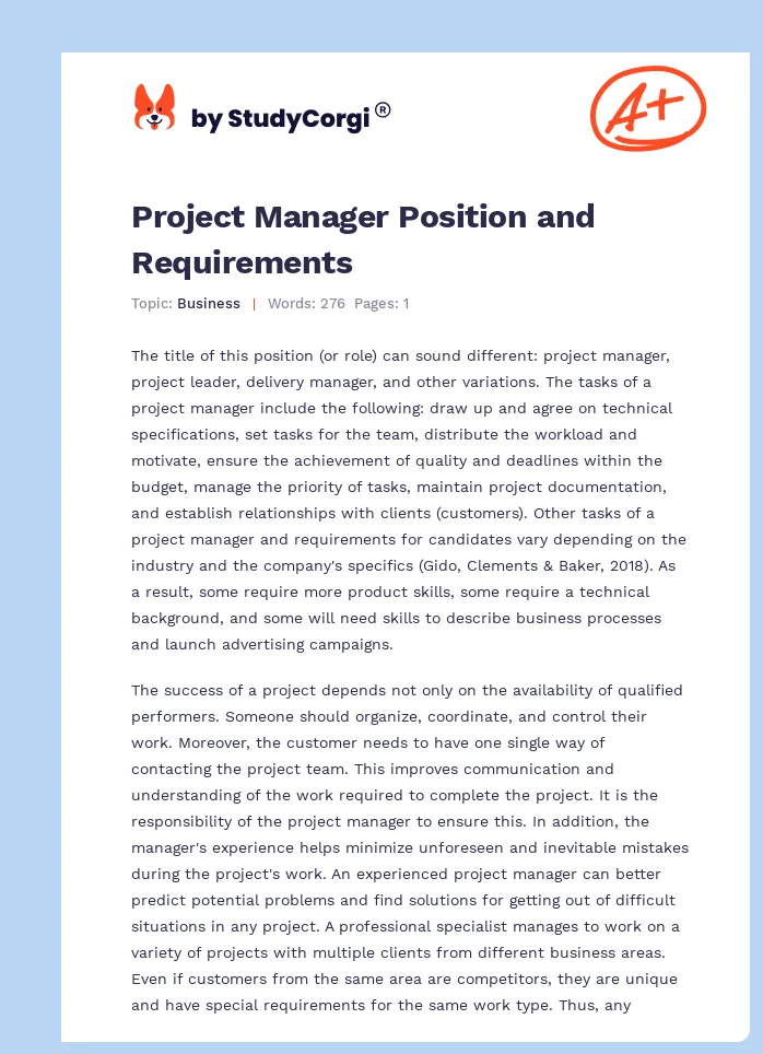Project Manager Position and Requirements. Page 1