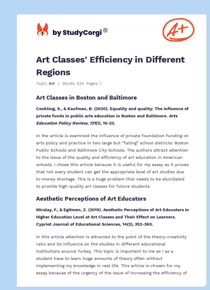 Art Classes' Efficiency in Different Regions. Page 1