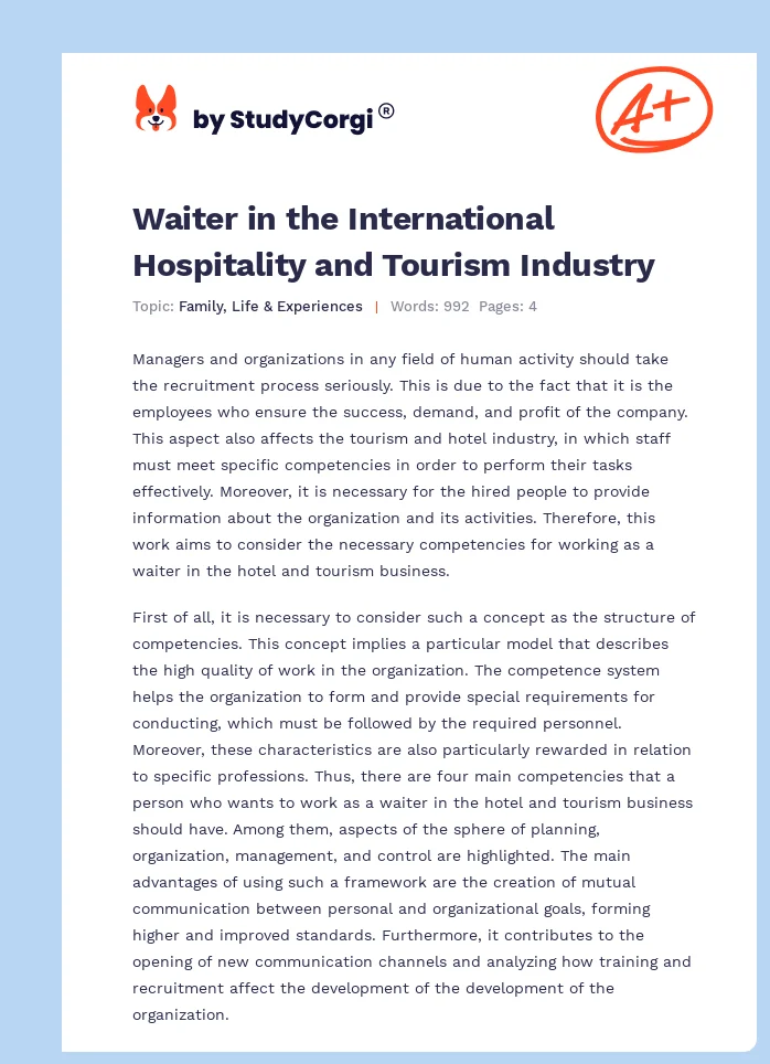 Waiter in the International Hospitality and Tourism Industry. Page 1