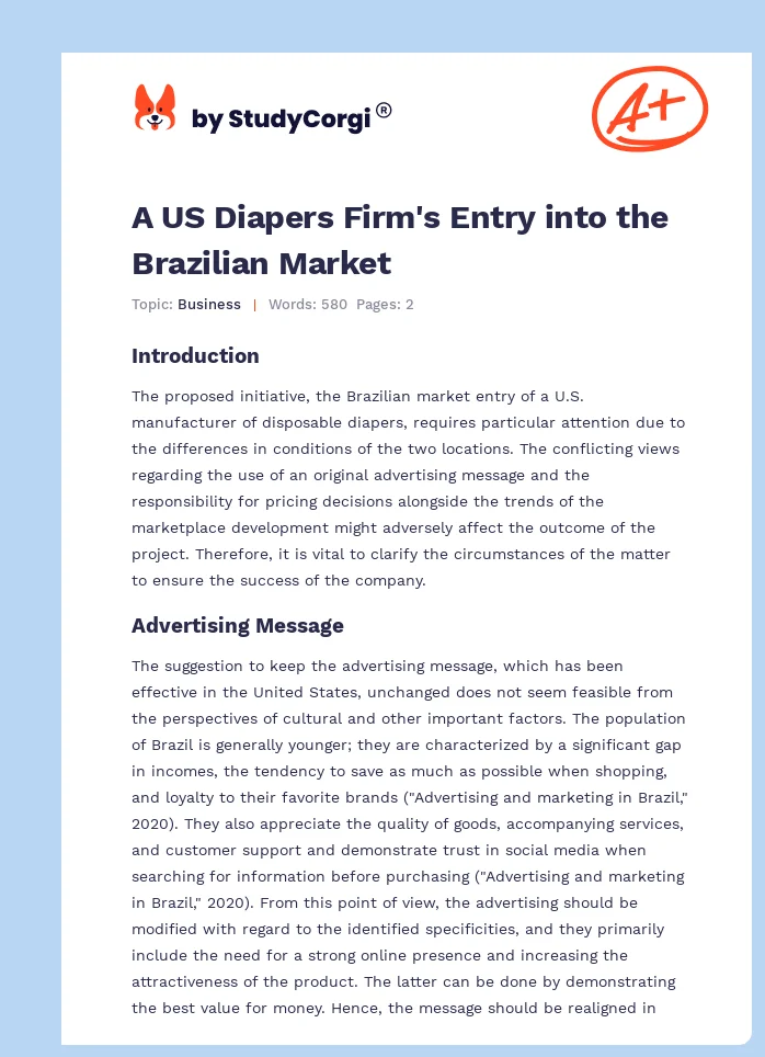 A US Diapers Firm's Entry into the Brazilian Market. Page 1