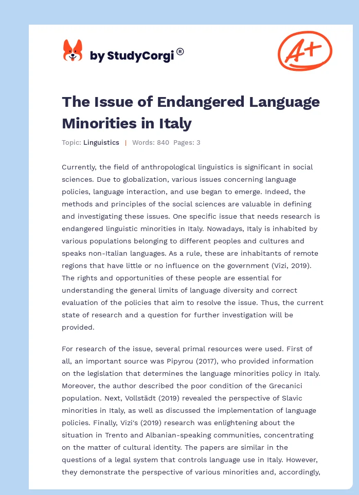 The Issue of Endangered Language Minorities in Italy. Page 1