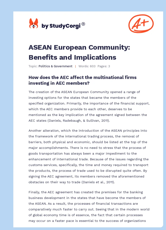 ASEAN European Community: Benefits and Implications. Page 1