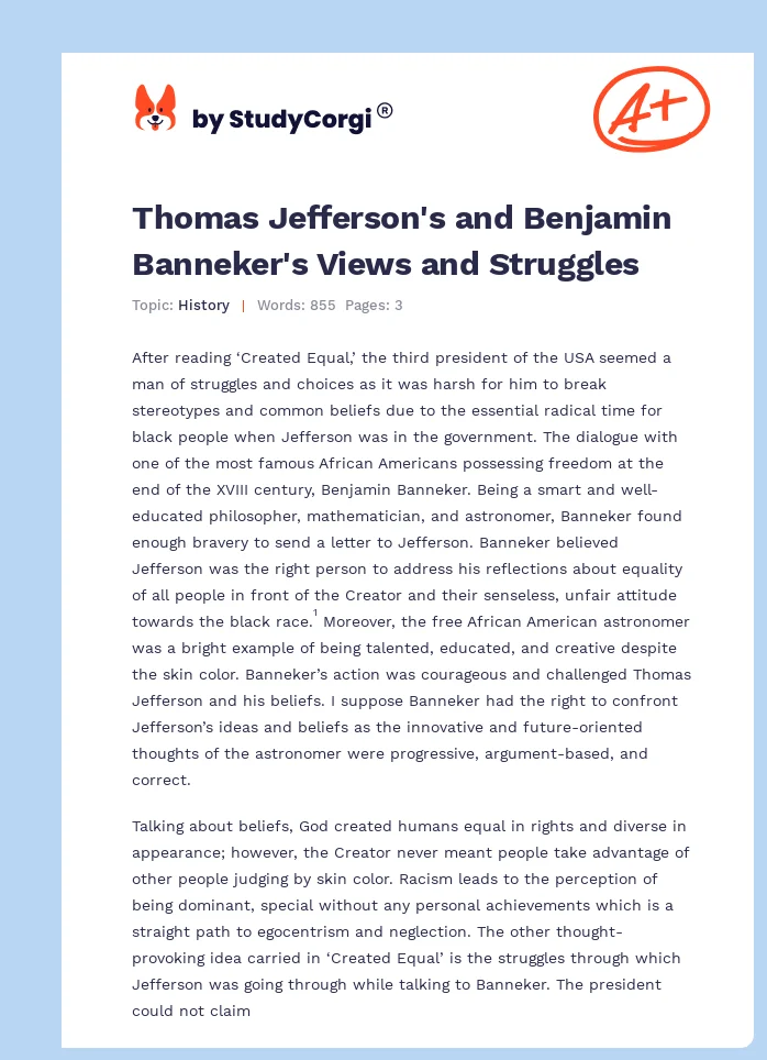 Thomas Jefferson's and Benjamin Banneker's Views and Struggles. Page 1