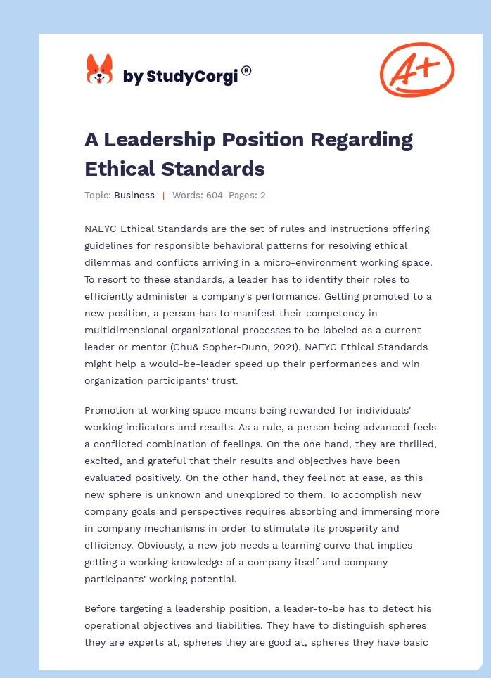 A Leadership Position Regarding Ethical Standards. Page 1