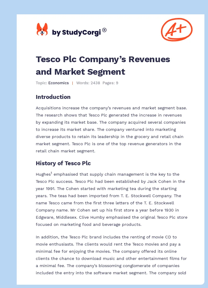 Tesco Plc Company’s Revenues and Market Segment. Page 1