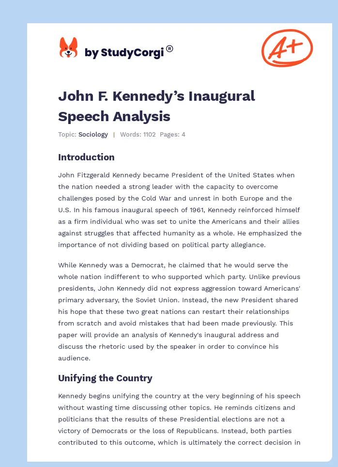John F. Kennedy’s Inaugural Speech Analysis. Page 1