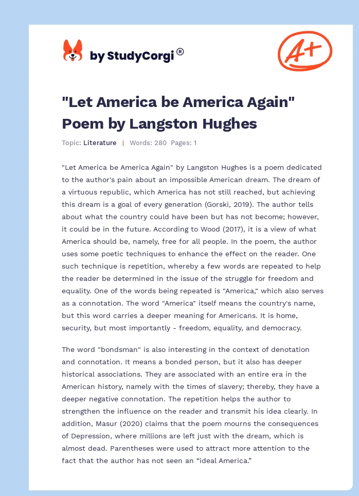 "Let America be America Again" Poem by Langston Hughes. Page 1