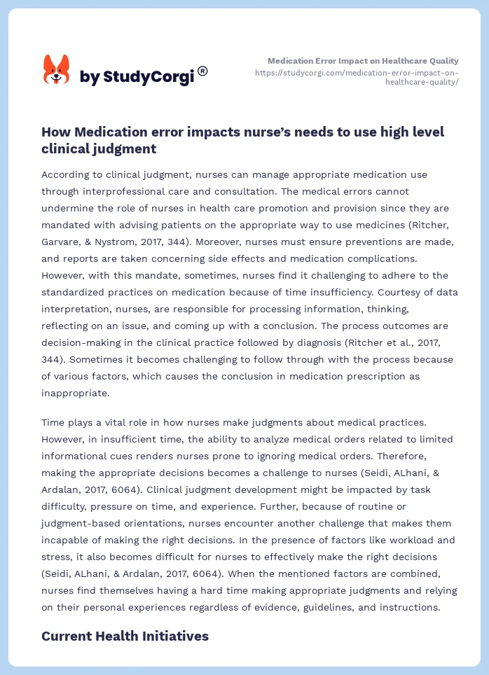 Medication Error Impact on Healthcare Quality. Page 2
