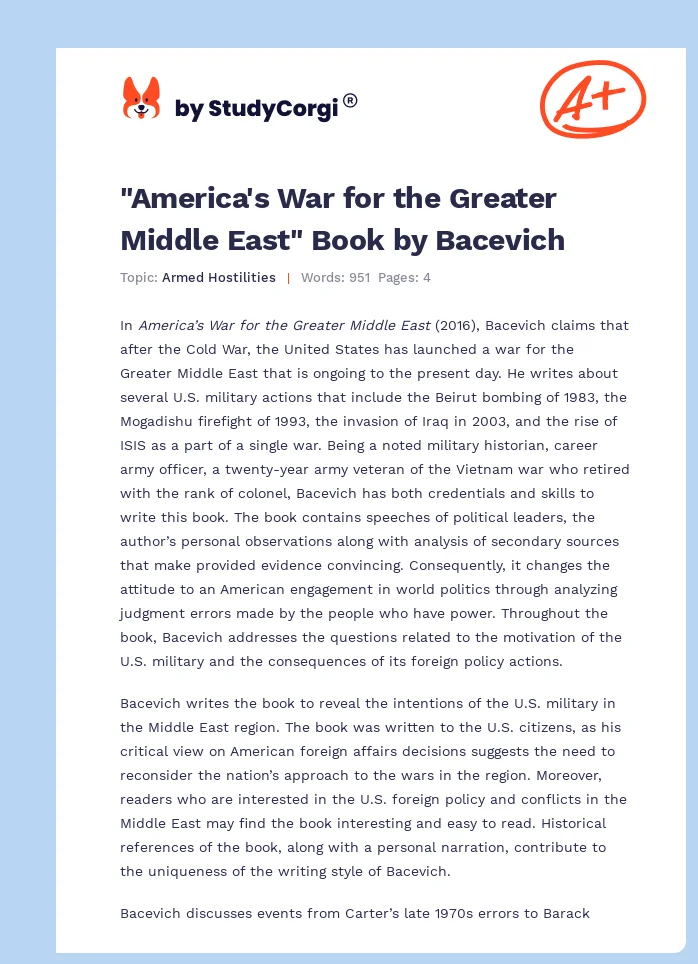 "America's War for the Greater Middle East" Book by Bacevich. Page 1