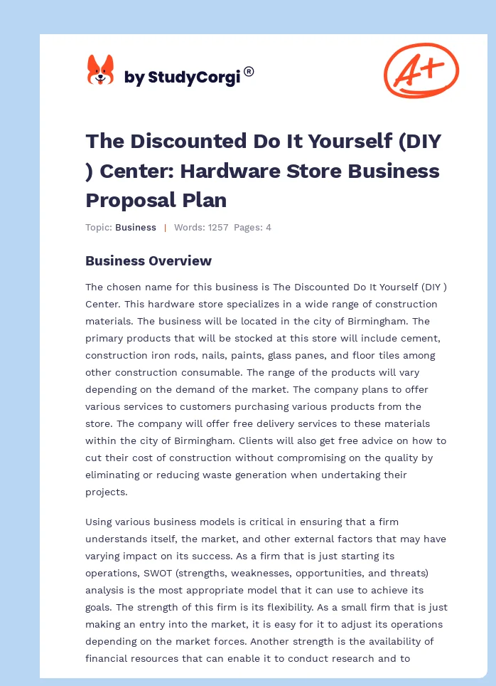The Discounted Do It Yourself (DIY ) Center: Hardware Store Business Proposal Plan. Page 1